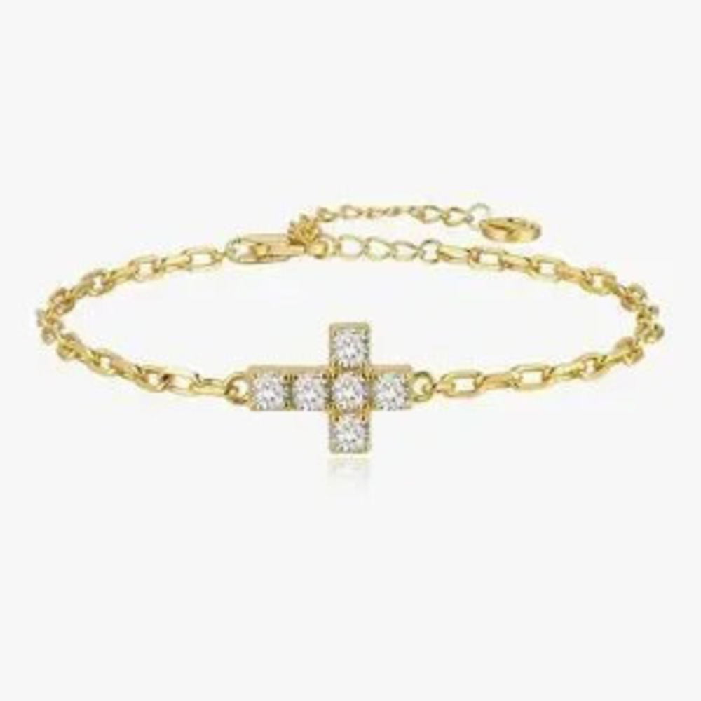 NEW?14k Gold Plated Cross Bracelet with Cubic Zirconia